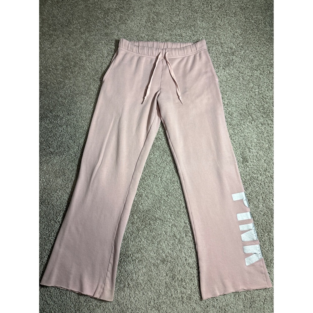 Victoria's Secret PINK Wide Leg Sweatpants Pink Silver Logo XS Raw Hem Lounge